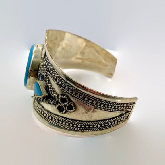 Boho Bracelet, Kuchi Cuff, Afghan, Turquoise, Vintage, Middle Eastern, Silver - Picture 4 of 4